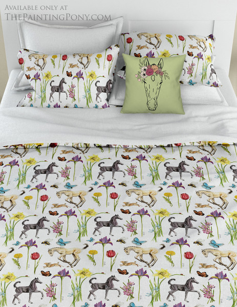 Spring Fun Horse Foals and Flowers Pattern Equestrian Bedding Set (other colors available)