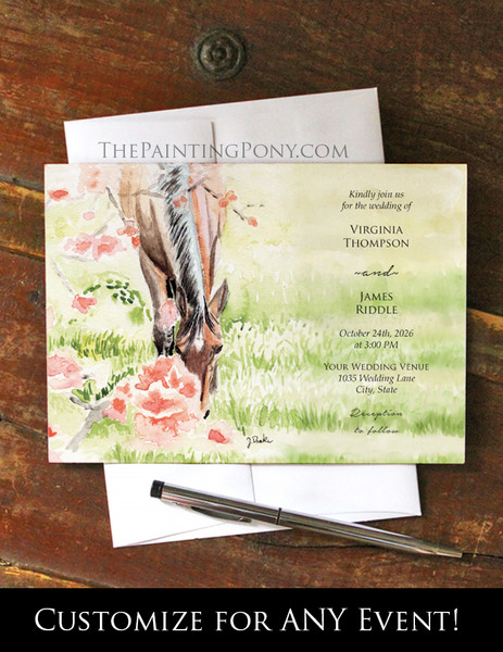 Apple Blossom Watercolor Horse Art Equestrian Invitation (10 pk)