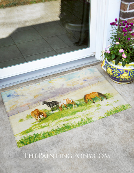 Ponies on the Beach Watercolor Equestrian Welcome Door Mat