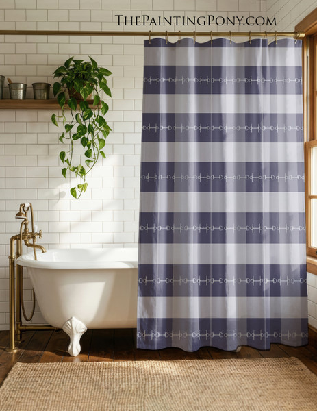 Blue Plaid Horse Bits Equestrian Themed Shower Curtain