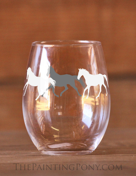 Three Galloping Horses Equestrian Stemless Wine Glass
