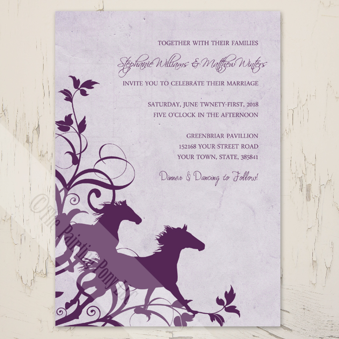 Purple wild horses equestrian wedding invitations