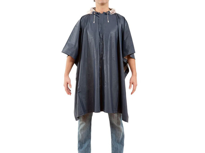 Manta o capa de pvc impermeable con gorro azul tipo poncho color azul marino para protección