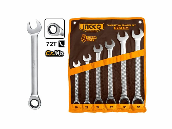 Set Llaves Punta Corona Chicharra Ingco 6 Piezas 19-32 Mm para uso industrial