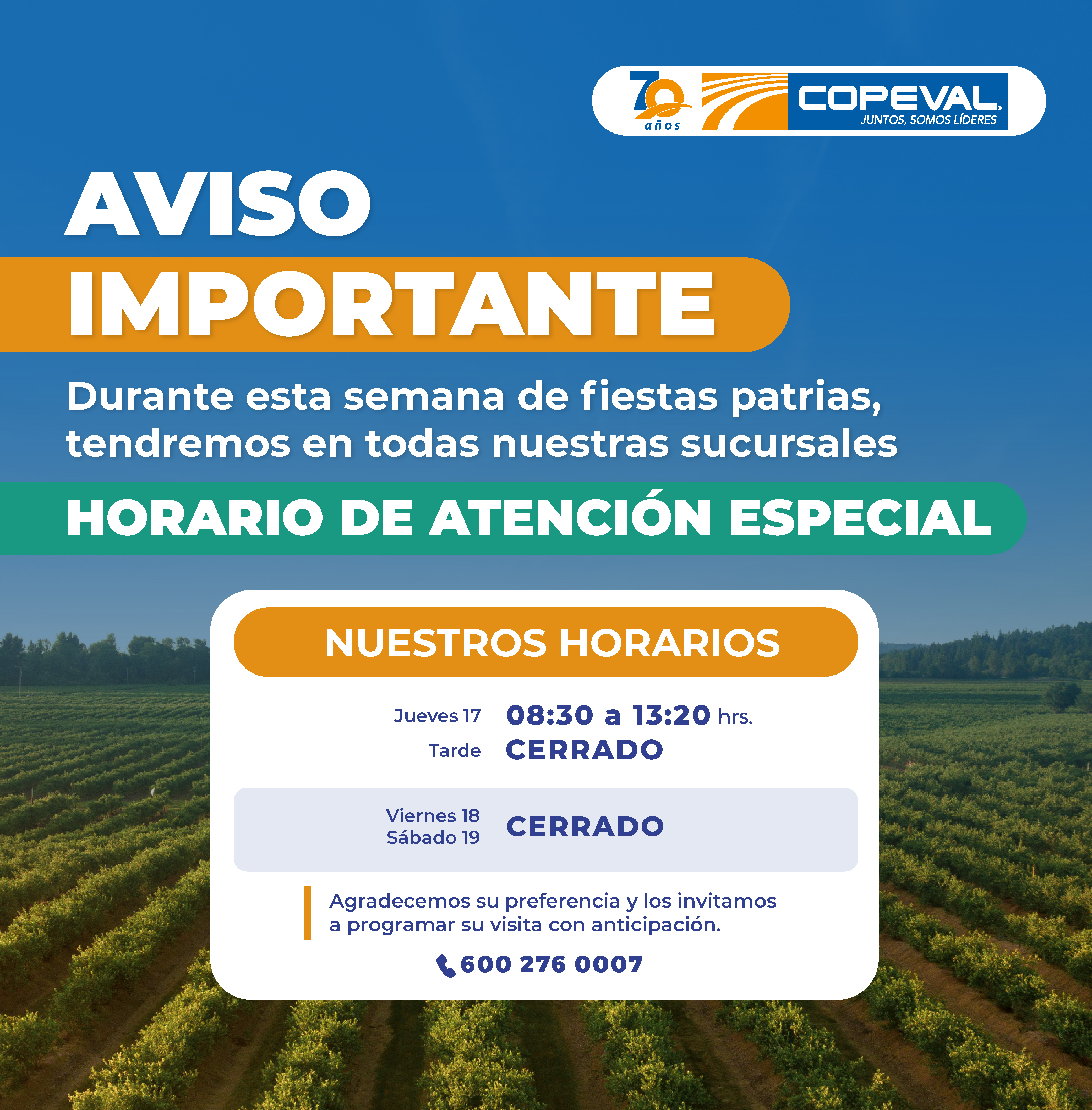 Horario especial fiestas patrias, jueves medio día, viernes 18 y sábado 19 cerrado.
