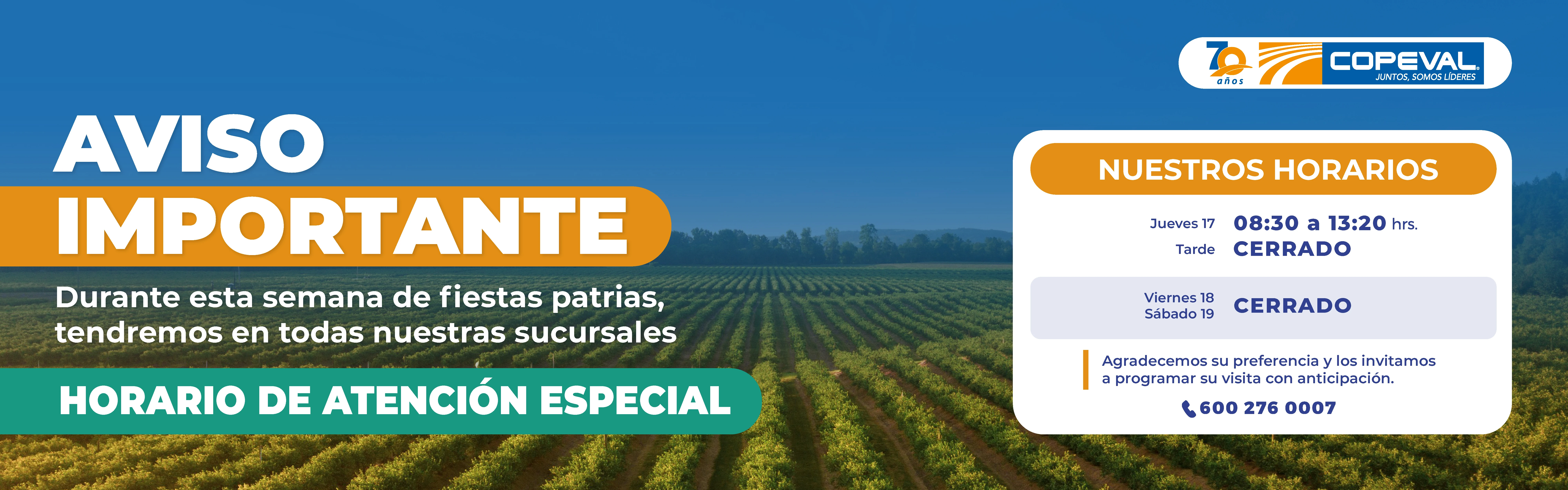 Horario especial fiestas patrias, jueves medio día, viernes 18 y sábado 19 cerrado.