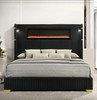 MILLIE Black Velvet Platform Bed with Fireplace & Bluetooth