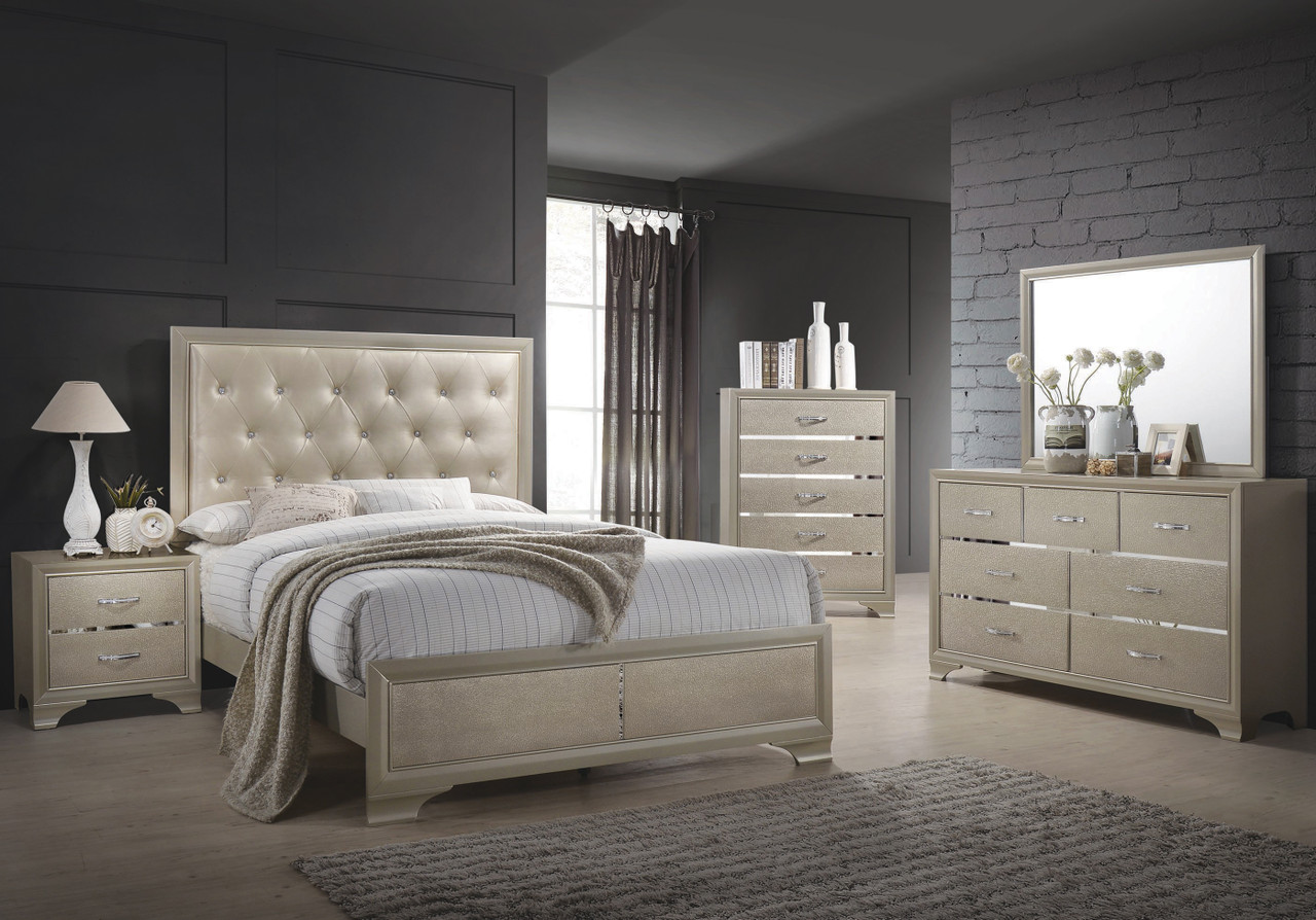 champagne dresser sets La Rachelle Champagne Upholstered Panel Bedroom Set
