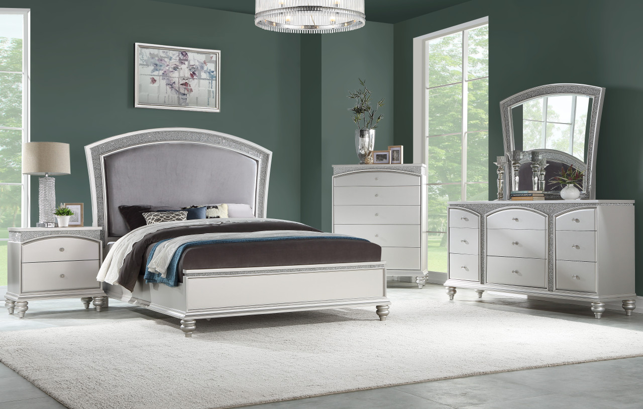 silver dresser with rhinestones Bailey Wide Dresser, Mirror Trim and 9 Drawers, Silver Wood Benjara