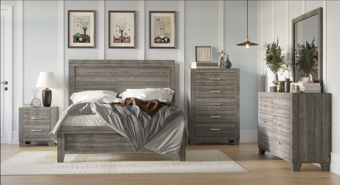 Tao Gray 5PC Bedroom Set, Bed, Nightstand, Dresser, Mirror & Chest - CB Furniture Tao Gray 5PC Bedroom Set, Bed, Nightstand, Dresser, Mirror & Chest - CB Furniture