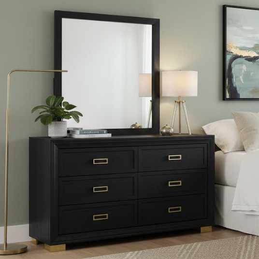 ATKINS Black & Gold 59" Wide X 73" Height Dresser & Mirror - CB Furniture ATKINS Black & Gold 59" Wide X 73" Height Dresser & Mirror - CB Furniture