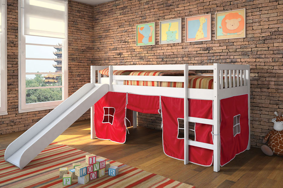 white loft bed with slide