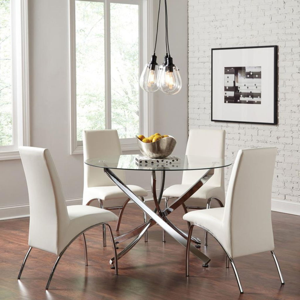 Beckham Piece Round Glass Top Dining Set Chrome And White