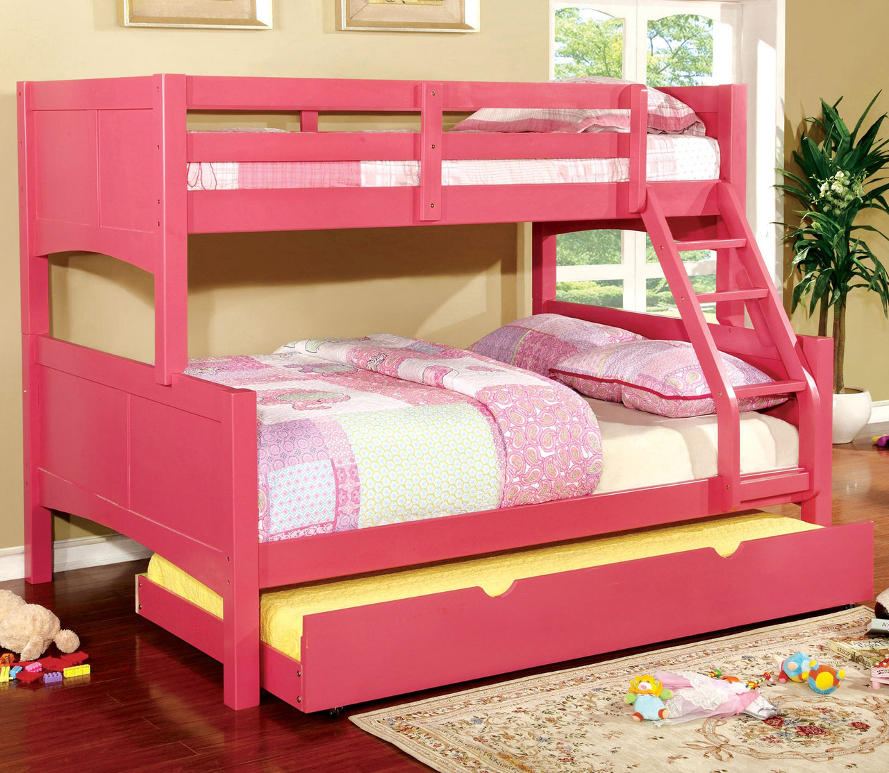 pink bunk beds with stairs