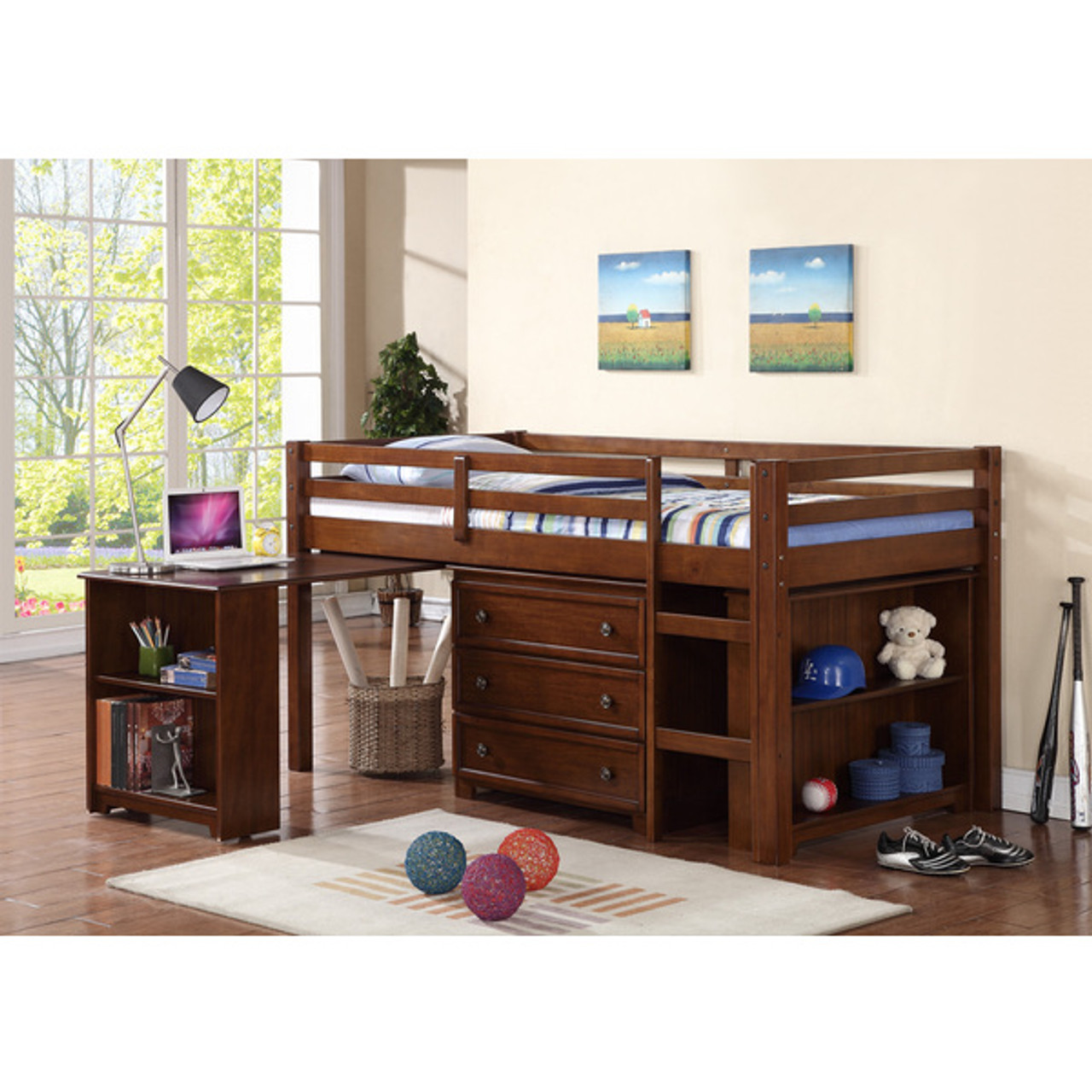 low loft bed with drawers