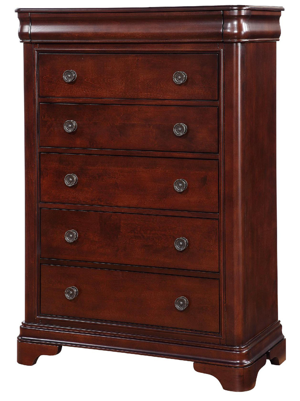 Selena Dark Cherry 5 Drawer Chest With Hidden Drawer Cb Furniture