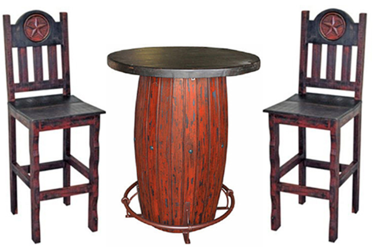 red rustic 3pc round bar table set with star