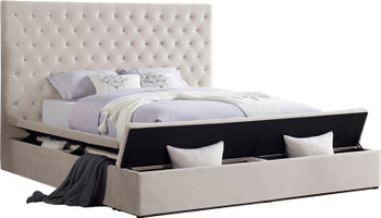 AZELL Beige Velvet Platform Bed with Storage Benches