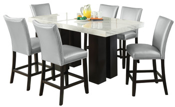 NUBIA White Marble & Silver Chairs 7 Piece Rectangular Counter Height Set