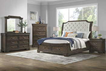 MARVAL Walnut Upholstered Sleigh Bed with Drawers