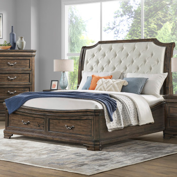 MARVAL Walnut Upholstered Sleigh Bed with Drawers