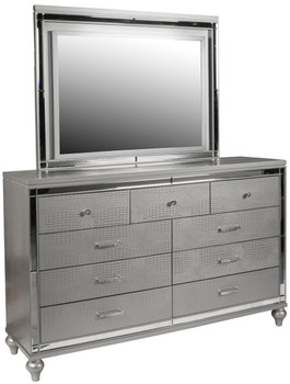 STRADA Silver Alligator Texture 67" Wide Dresser & Mirror with LED's