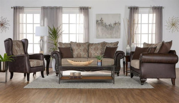 Elmbrook - Upholstered Rolled Arm Sofa With Intricate Wood Carvings - Brown