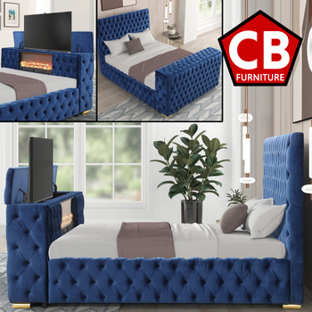 GENEVA Blue Velvet Platform Bed with Fireplace and Lift-Up TV Mount