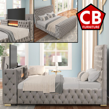 GENEVA Gray Velvet Platform Bed with Fireplace and Lift-Up TV Mount