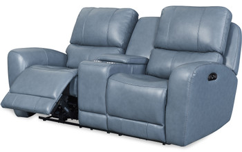 VINOVO Blue 100% Top-Grain Leather 76" Wide Power Reclining Loveseat with Adjustable Headrests