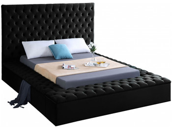 AZELL Black Velvet Platform Bed with Storage Benches