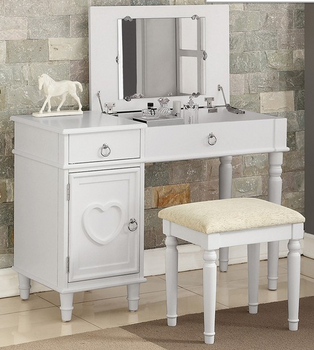 YASIEL White 43" Wide Lift-Top Vanity with Stool