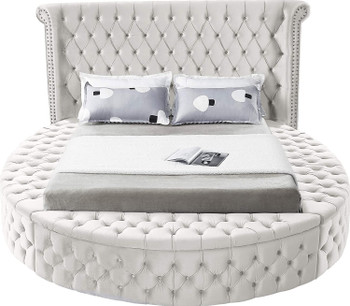 SAMMIE Cream Velvet Round Platform Bed with Storage Benches