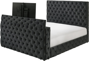 RAYRAY Black Velvet Platform Bed with Fireplace and Lift-Up TV Mount RAYRAY Black Velvet Platform Bed with Fireplace and Lift-Up TV Mount