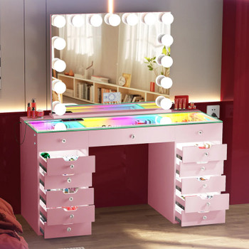 EVA RGB Plus Pink 60" Wide Vanity Desk Set with 13 Storage Drawers and 15 Bulbs Light Mirror