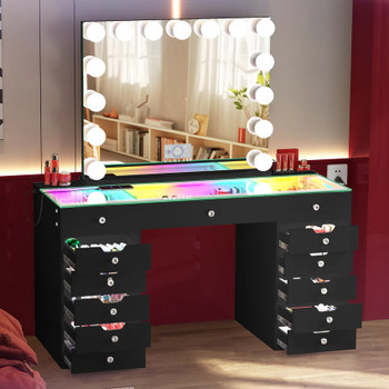 EVA RGB Plus Black 60" Wide Vanity Desk Set with 13 Storage Drawers and 15 Bulbs Light Mirror