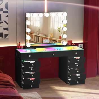 EVA RGB Plus Black 60" Wide Vanity Desk Set with 13 Storage Drawers and 15 Bulbs Light Mirror