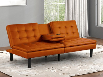 DARIAN Orange Leather 71" Wide Sofa Bed with USB & Cupholders