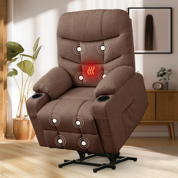 DUBOIS Brown Linen 34" Wide x 42" Height Power-Lift Recliner | with Vibration-Massage, Heating and Cupholders