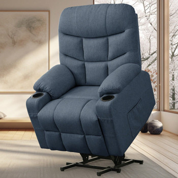 DUBOIS Blue Linen 34" Wide x 42" Height Power-Lift Recliner | with Vibration-Massage, Heating and Cupholders