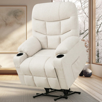 DUBOIS Beige Linen 34" Wide x 42" Height Power-Lift Recliner | with Vibration-Massage, Heating and Cupholders