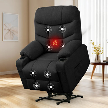 DUBOIS Black Linen 34" Wide x 42" Height Power-Lift Recliner | with Vibration-Massage, Heating and Cupholders