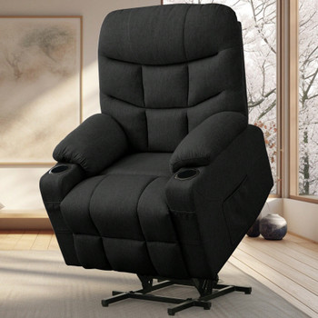 DUBOIS Black Linen 34" Wide x 42" Height Power-Lift Recliner | with Vibration-Massage, Heating and Cupholders