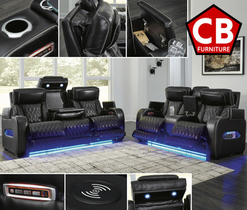 FINEZA Black 100% Leather Power Reclining Sofa & Loveseat