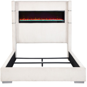 RACHEL White Corduroy Bed With Fireplace and USB