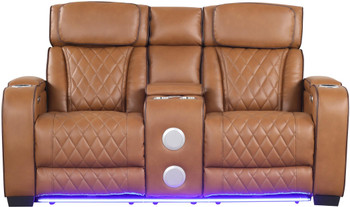 MARVEL Caramel Brown 74" Wide Loveseat with Bluetooth Speakers & LED Lighting
