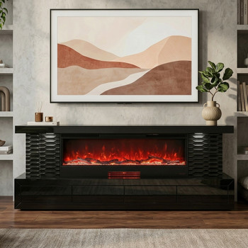 KATINI Glossy Black 71" Wide x 26" Height TV Stand with Fireplace & Bluetooth Speakers