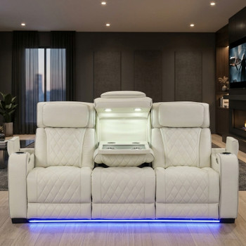 MARVEL White 84" Wide Power Reclining Sofa with LED Lighting