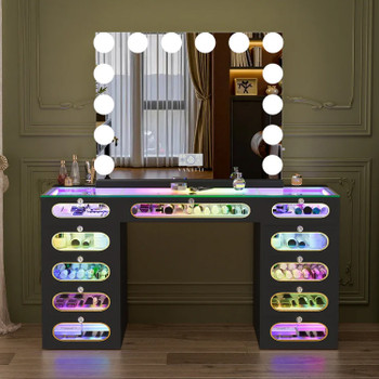 YULIZA RGB Plus Black 60" Wide Vanity Desk Set with 13 Storage Drawers and 15 Bulbs Light Mirror