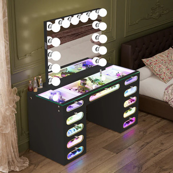 YULIZA RGB Plus Black 60" Wide Vanity Desk Set with 13 Storage Drawers and 15 Bulbs Light Mirror